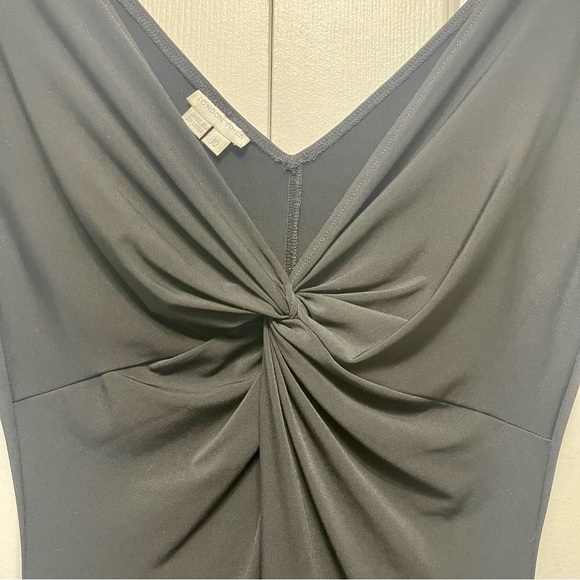 London Times Black Front Twist Knot V-Neck Midi Short Cap Sleeve Sheath Dress - Picture 3 of 9